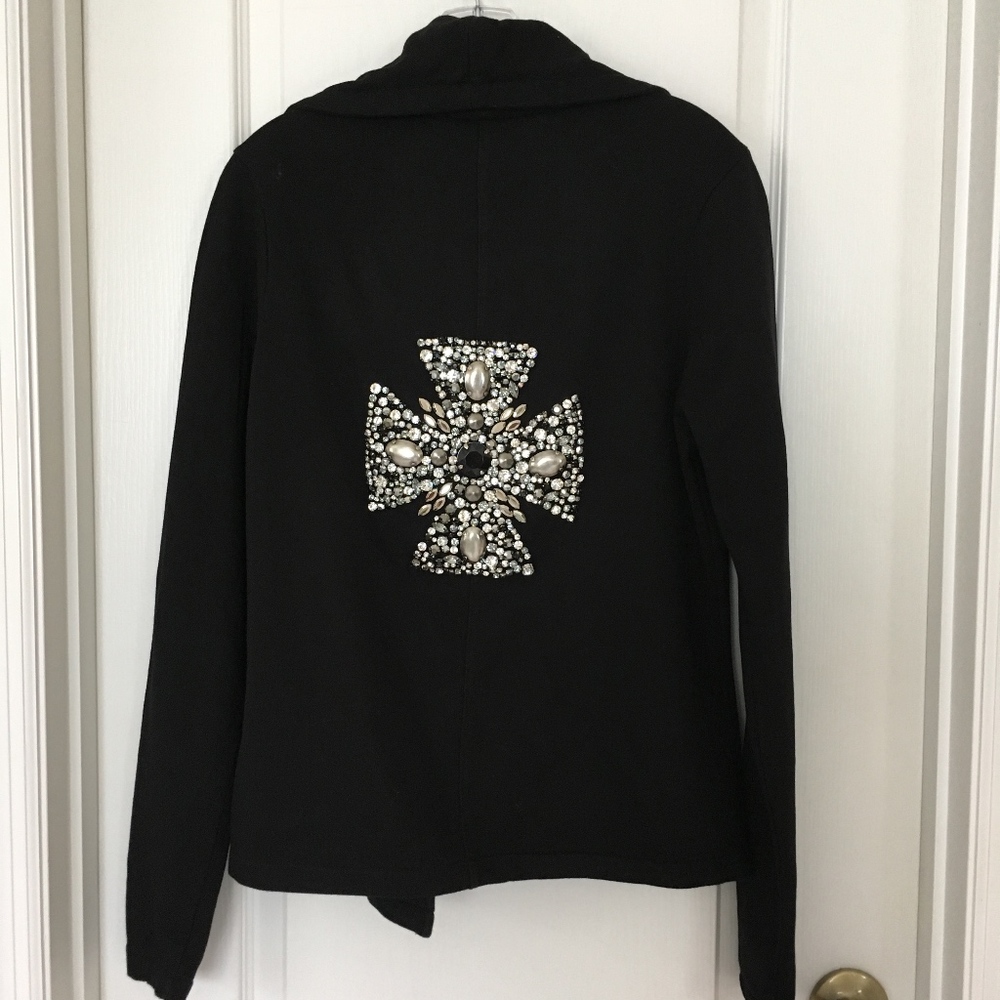 TWISTED HEART womens bling Jewel cross zip jacket black medium rhinestone luxury
